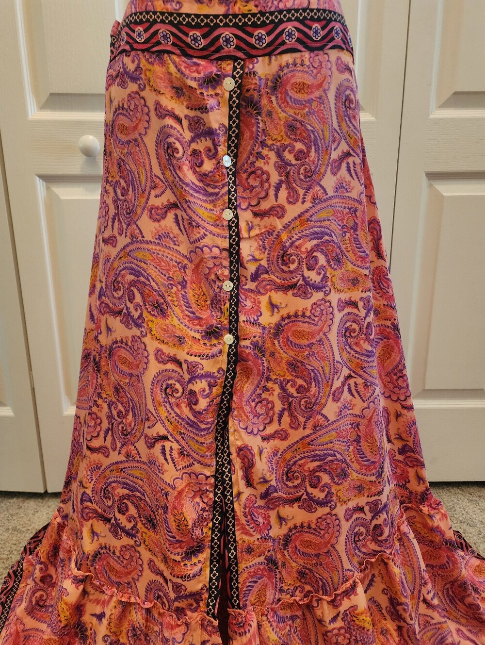 Vibrant Pink Paisley Boho Tiered Maxi Skirt Front Button Slit Smocked Waistband - Picture 3 of 13